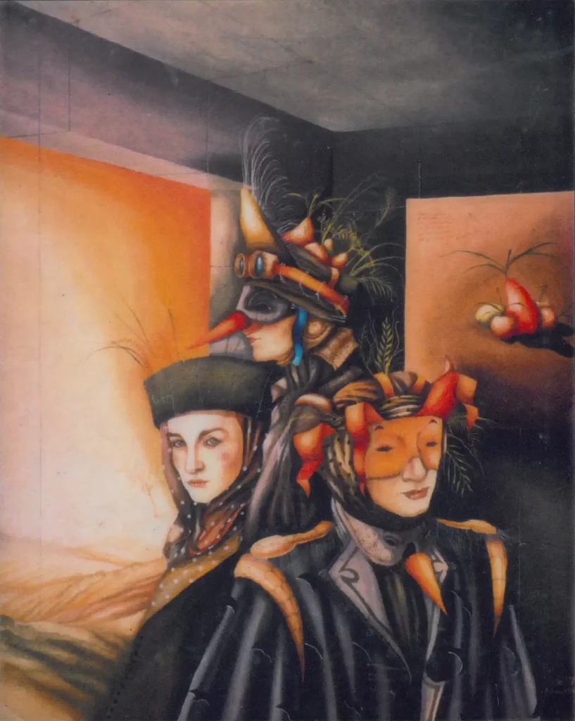 galerie parville jean antoire hierro aquarelles Trois personnage aux fruits gouache 15F 1987 79